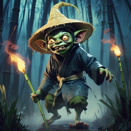 Illustration of Dokkakgwi, a fearsome evil goblin from Korean folklore, with a menacing expression in a dark setting