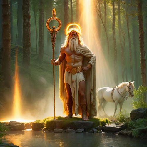 AI-generated artwork of Grannus, the Celtic god of healing surrounded by light
