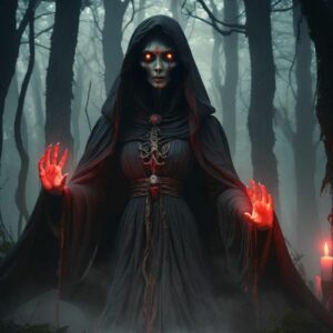 Dark and haunting depiction of Hukluban, draped in flowing robes and surrounded by mist.