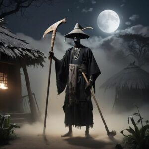 Depiction of Ku, the God of Death, shown as a dark and fearsome figure.