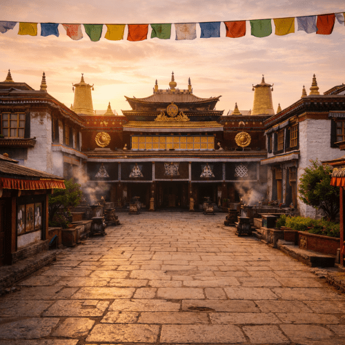 Front view of Jokhang Temple, the spiritual heart of Tibetan Buddhism in Lhasa.