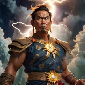 Depiction of Kaptan, the Creator God, emerging from clouds and lightning.