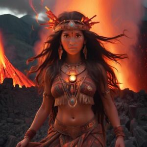Fiery depiction of Mama Nina surrounded by flames, with flowing hair and a fierce, radiant gaze.