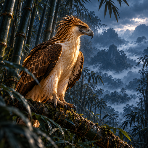 Manaul, the mythical bird of Philippine mythology, perched on a moss-covered branch in a dense bamboo forest