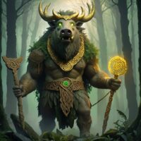 Mythlok - Moccus Depiction of Moccus in armor adorned with boar motifs, holding a spear and surrounded by symbols of strength and protection.