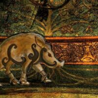 Mythlok - Moccus art Fantasy-style artwork of Moccus emerging from the woods, flanked by glowing boars, with swirling Celtic patterns in the background.