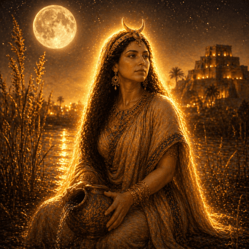 Elegant image of Ningal, the Moon Goddess, bathed in soft lunar light and celestial glow.