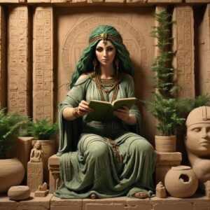 Depiction of Ninimma seated peacefully, radiating wisdom and calm.