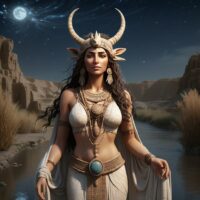 Mythlok - Ninlil Ninlil hovering above desert plains, her hair and robe lifted by invisible winds, with storm clouds forming in the sky.