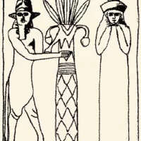 Mythlok - Ninlil with Enki Drawing of Ninlil standing beside Enki, both depicted with traditional Mesopotamian features and symbolic elements.