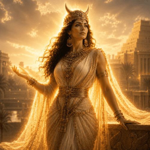 Image of Ninlil, the Sumerian Goddess of Wind, with flowing garments and swirling air patterns surrounding her ethereal form.