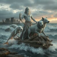 Mythlok - Nodens AI image of Nodens surrounded by swirling waters and glowing sea creatures.