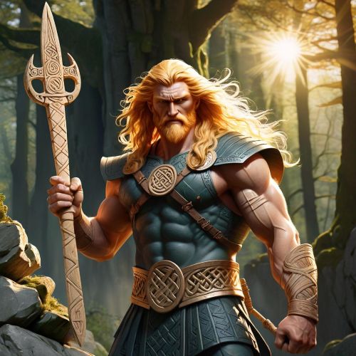 AI image of Ogma, Celtic God of Eloquence depicted as a fierce warrior with glowing runes.