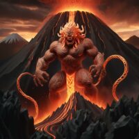 Mythlok - Ruaumoko Powerful image of Ruaumoko with trembling ground beneath, symbolizing seismic force.