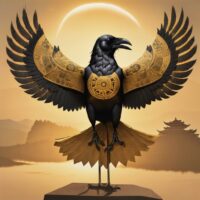 Mythlok - Samjoko Mythical Samjoko crow in black feathers with golden hues and ancient trees in the background