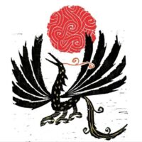 Mythlok - Samjoko ancient Block-style drawing of a three-legged crow flying beneath a red sun in the sky
