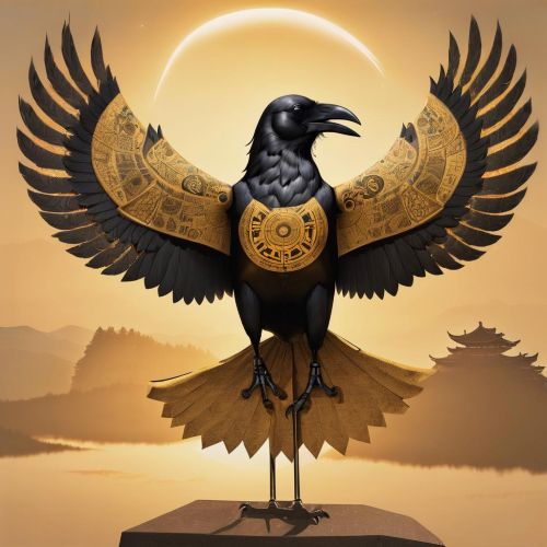 Depiction of a black three-legged crow with a golden breastplate and glowing wings