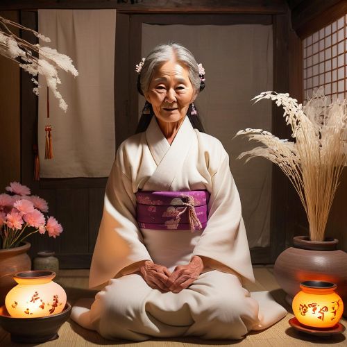 Traditional Korean portrayal of Samsin Halmeoni offering blessings for safe birth and healthy children