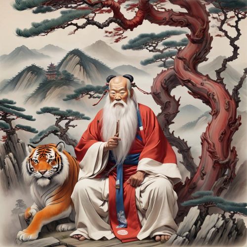 Illustration of Sanshin the Korean mountain god seated with a tiger symbolizing protection and strength
