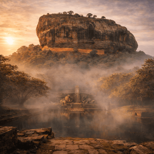 Sigiriya Rock Fortress in Sri Lanka, rising dramatically from lush green forests with ancient ruins visible on the summit.