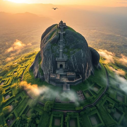 Aerial view of Sigiriya Rock Fortress in Sri Lanka, rising dramatically from lush green forests with ancient ruins visible on the summit.