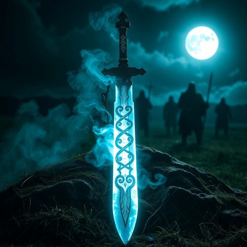 Skofnung : The Spirit Sword Ancient sword Skofnung,with a glowing aura effect around the blade, symbolizing its legendary spirit-bound power from Norse mythology.