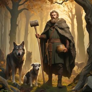 Modern artistic rendering of Sucellus in green and earth tones, holding tools of farming and fermentation.