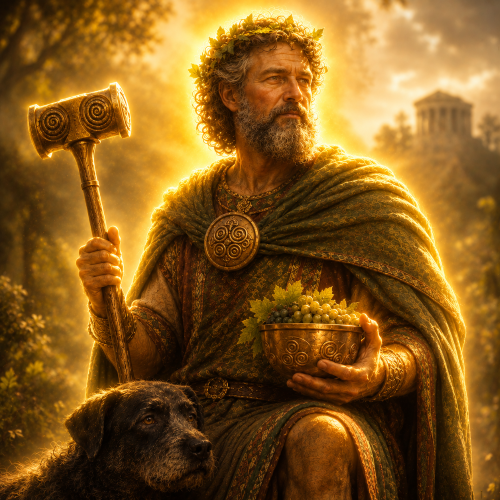 Sucellus, the Celtic god of agriculture and abundance, holding his iconic hammer and a bowl of fruit
