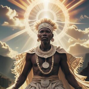 Majestic depiction of Thixo surrounded by cosmic light and swirling elements of creation.