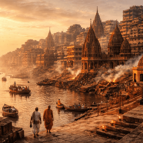 Scene in Varanasi with Ganges and people gathered along the ghats in a spiritual atmosphere.