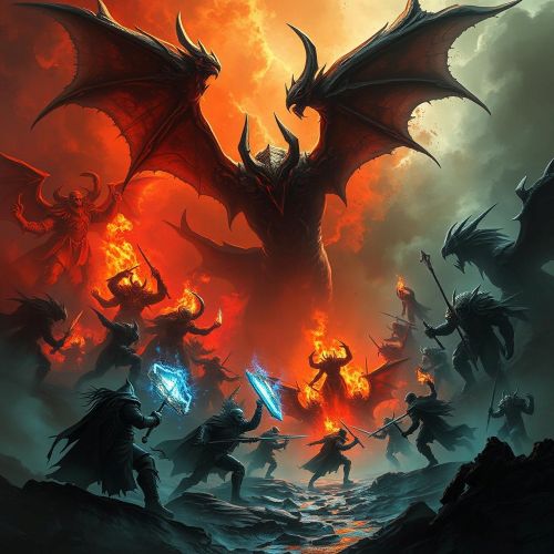 Epic fantasy artwork of a dark battle inspired by the video game Diablo.