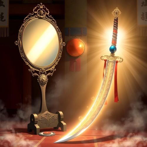 The Imperial Regalia of Japan: The Sacred Sword, Mirror, and Jewel the Imperial Regalia of Japan – a shining bronze mirror, a curved magatama jewel, and a legendary sword glowing with divine light, displayed with mystical aura in a traditional Shinto setting.