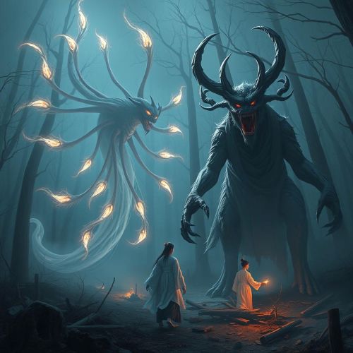 Korean Mythical creatures in a dark forest