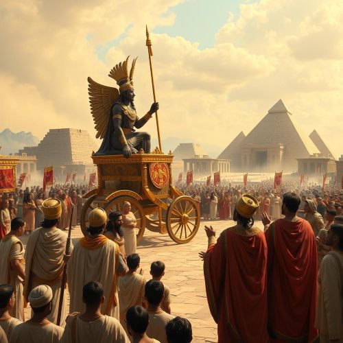 Ancient Babylonian Akitu festival scene with priests in ceremonial robes