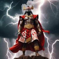 Amadioha, the Igbo god of thunder and justice, standing amidst storm clouds with lightning crackling around him.