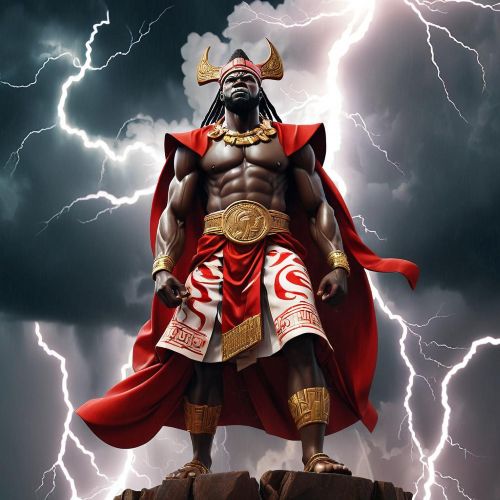 Amadioha, the Igbo god of thunder and justice, standing amidst storm clouds with lightning crackling around him.