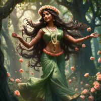 Mythlok - Aranyani The radiant Indian forest goddess Aranyani with long flowing hair and a wreath of flowers, clothed in roses and green sari, dancing gracefully among ancient trees.
