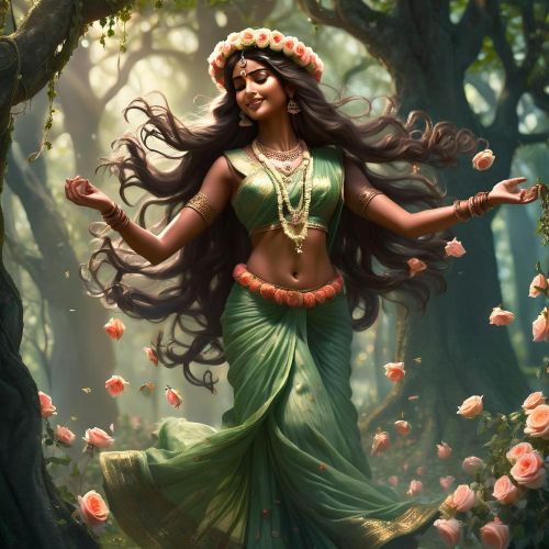 The radiant Indian forest goddess Aranyani with long flowing hair and a wreath of flowers, clothed in roses and green sari, dancing gracefully among ancient trees.