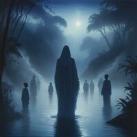 Mythlok - Badadum Badadum standing at the mouth of a misty river at twilight, surrounded by ghostly silhouettes of a gathered family. The figure is cloaked in flowing robes that blend into the water, with glowing eyes and an ethereal aura.
