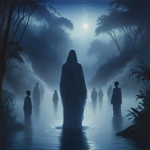 Badadum standing at the mouth of a misty river at twilight, surrounded by ghostly silhouettes of a gathered family. The figure is cloaked in flowing robes that blend into the water, with glowing eyes and an ethereal aura.