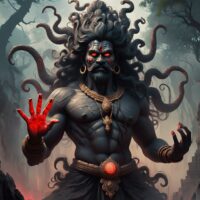 Mythlok - Bhasmasura Bhasmasura from Indian mythology—depicted as a towering ash-covered demon with glowing red eyes, tribal ornaments, and a raised hand in a destructive mudra.