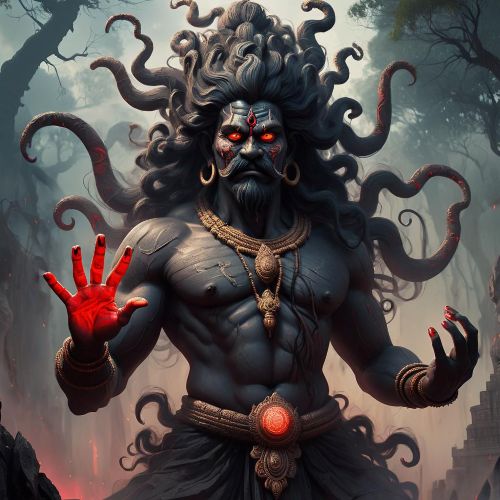 Bhasmasura from Indian mythology—depicted as a towering ash-covered demon with glowing red eyes, tribal ornaments, and a raised hand in a destructive mudra.