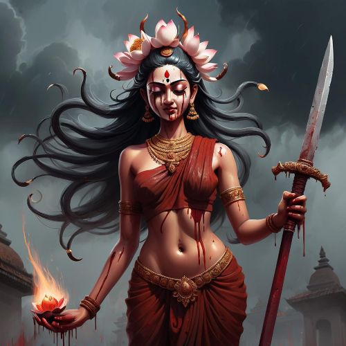 Chinnamasta, the Indian goddess, standing in a cremation ground.