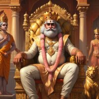 Mythlok - Dasharatha A regal portrait of King Dasharatha from Indian mythology, seated on a golden throne in the palace of Ayodhya.