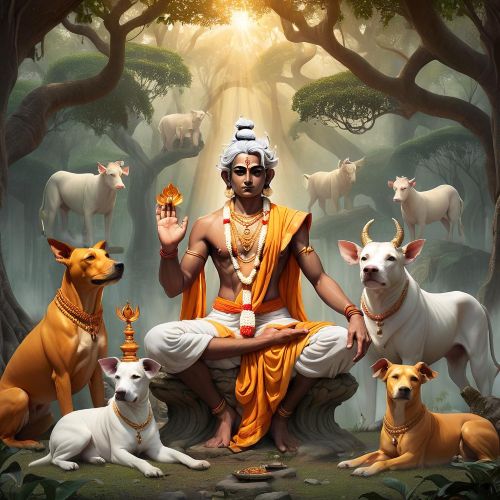 Dattatreya : The Eternal Sage The divine sage Dattatreya seated in a tranquil forest clearing.