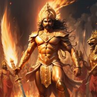 Mythlok - Dhrishtadyumna Dhrishtadyumna, a radiant warrior from Indian Mythology emerging from a sacrificial fire, wearing golden armor