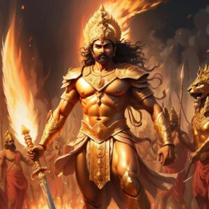 Dhrishtadyumna, a radiant warrior from Indian Mythology emerging from a sacrificial fire, wearing golden armor