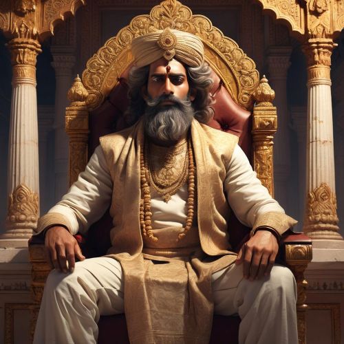 Dhritarashtra from Indian mythology seated on a throne in the palace of Hastinapura