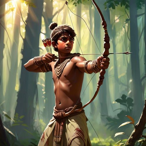 Eklavya from Indian mythology: a young tribal prince in forest attire