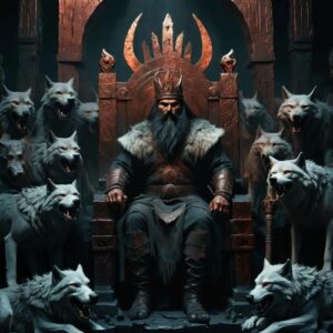 Erlik Khan, the Turkic god of death, seated on a copper throne in a dark underworld palace, surrounded by wolves